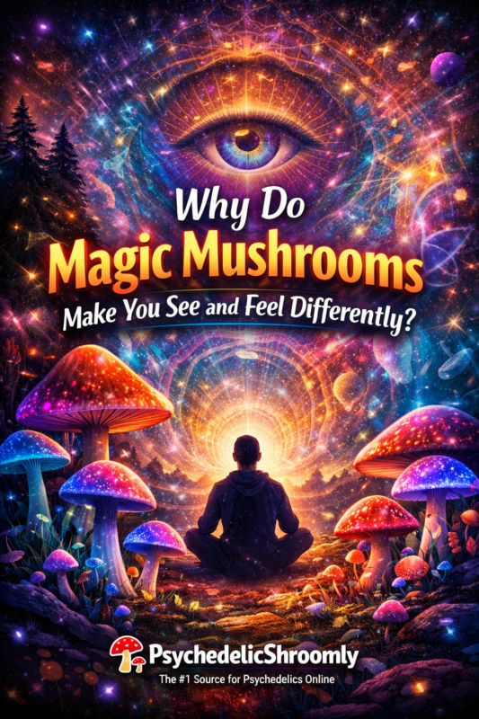 Psychedelic magic mushrooms showing altered perception, visual effects, and brain changes caused by psilocybin mushrooms